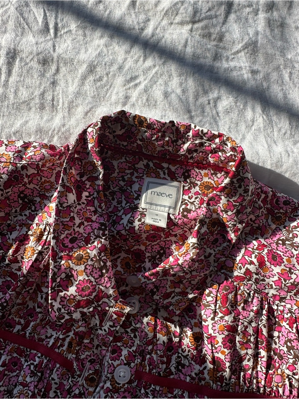 Maeve Floral Button-Front Puff-Sleeve Top in Burgundy and Pink - Picture 3 of 6
